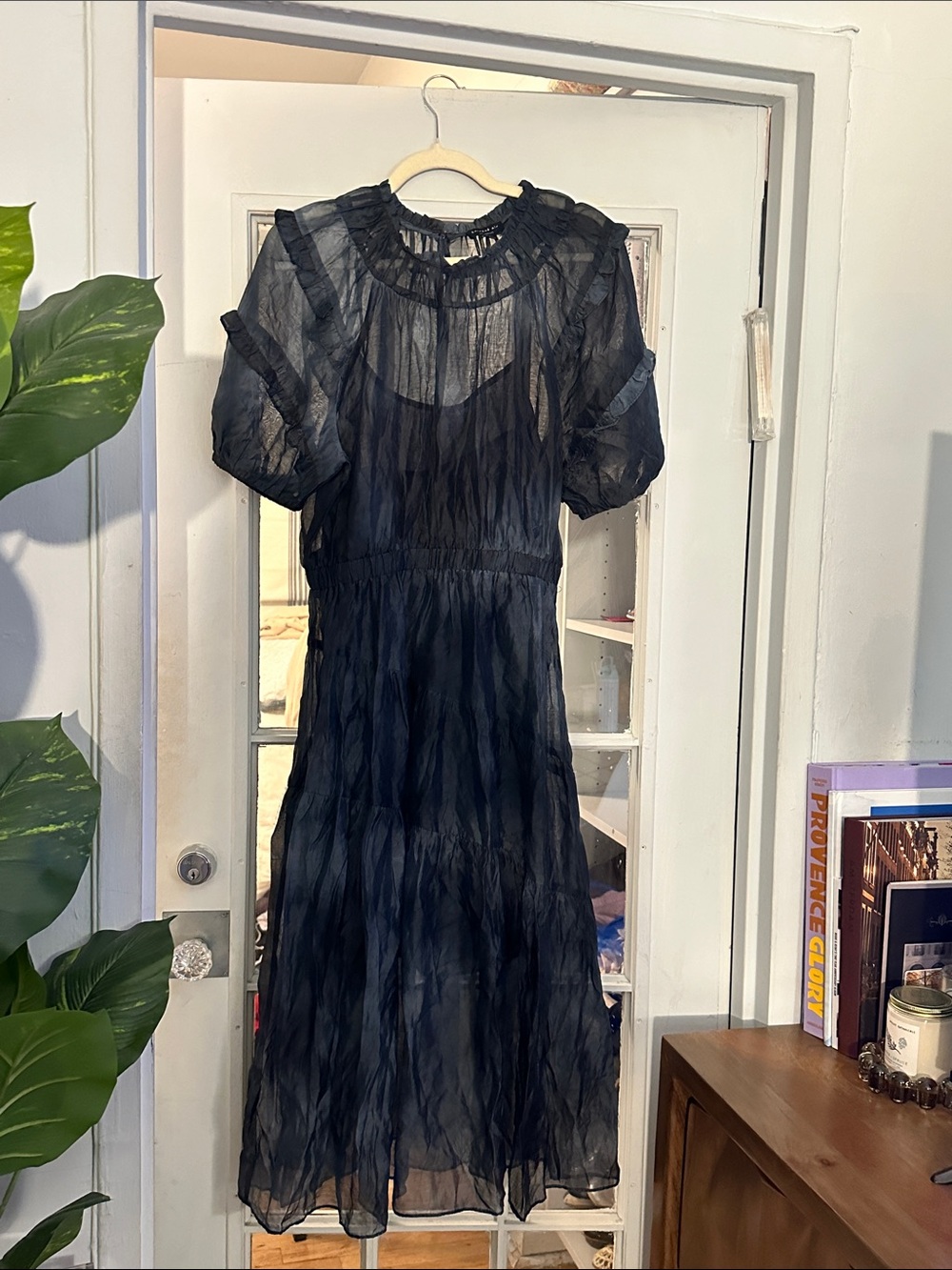 Current Air Sheer Black & Blue Midi Dress with Ruffled Neckline